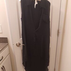 Skye Long Black Button Duster Sheer Cape w/Pocket Sleeveless Asymmetrical L